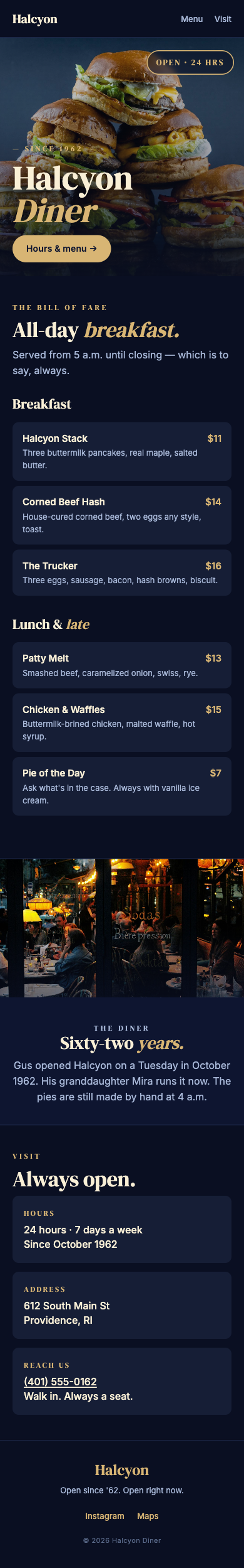Halcyon Diner — mobile website preview with menu and hours
