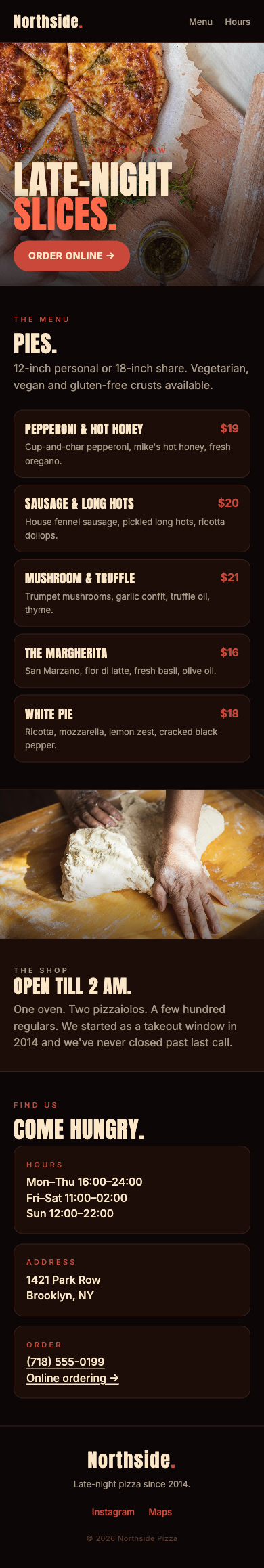 Northside Pizza — mobile website preview with menu and hours