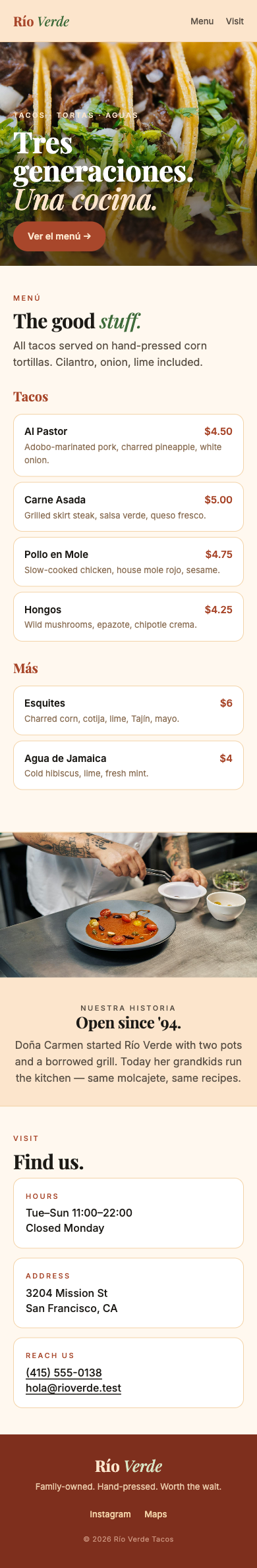 Río Verde Tacos — mobile website preview with menu and hours